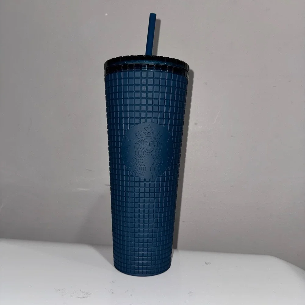 Starbucks Tumbler Cold Cup 24oz Deep Teal Blue New Grid Studded Matte 2022